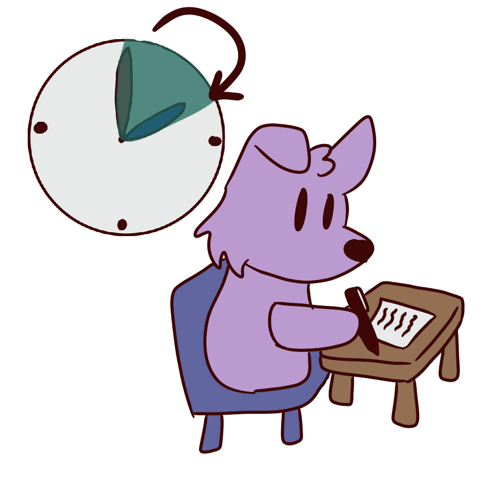 a purple dog sitting at a desk writing on paper. a clock with a green highlighted section is in the corner